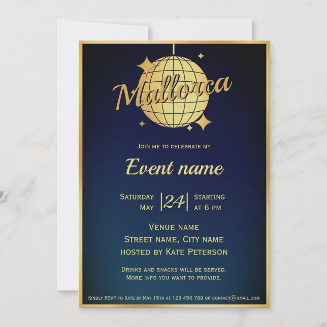 Convite para evento de festa noturna em Mallorca E (Frente)