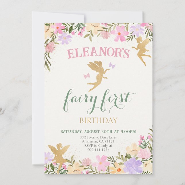 Convite para Fadas de Primeira Festa de aniversári (Frente)