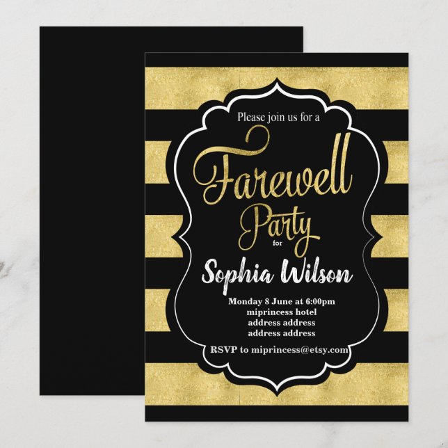 Convite para Farewell Party Dourado (Frente/Verso)