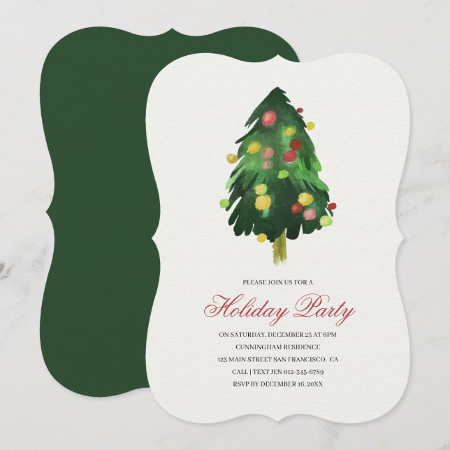 Convite para Férias de Árvore de Natal em Aquarela (Frente/Verso)