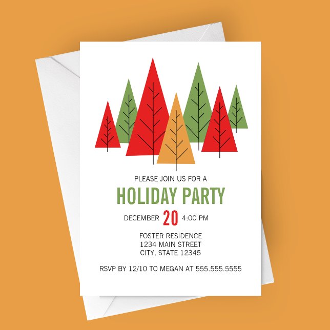 Convite para Férias de Árvores Coloridas Modernas (Modern Colorful Trees Holiday Party Invitation)