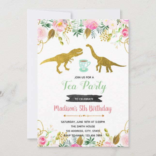 Convite para festa da menina Tea rex (Frente)