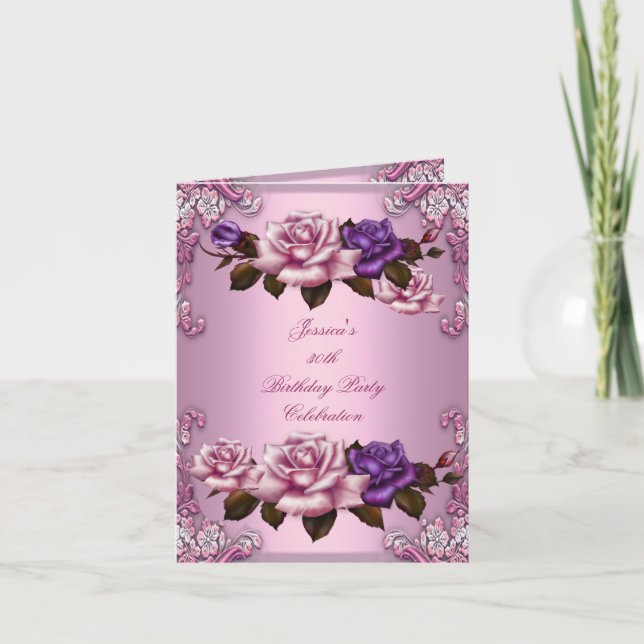 Convite para Festa de 30 Anos Rosa Roxo Rose (Frente)