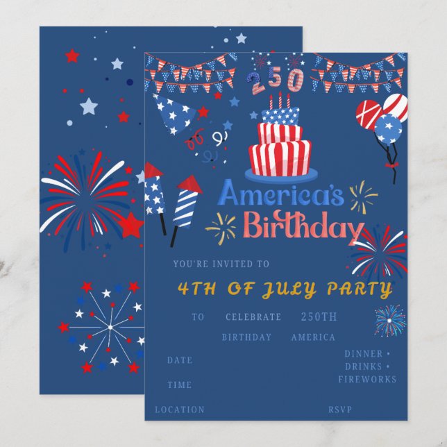 Convite para Festa de 4 de Julho – 250º Aniversári (Frente/Verso)