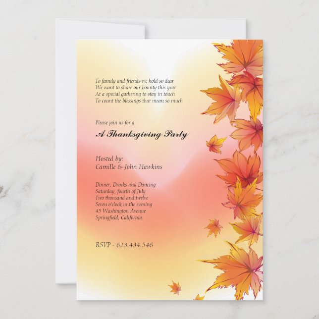 Convite para Festa de Ação de Graças com Folhas de (Frente)