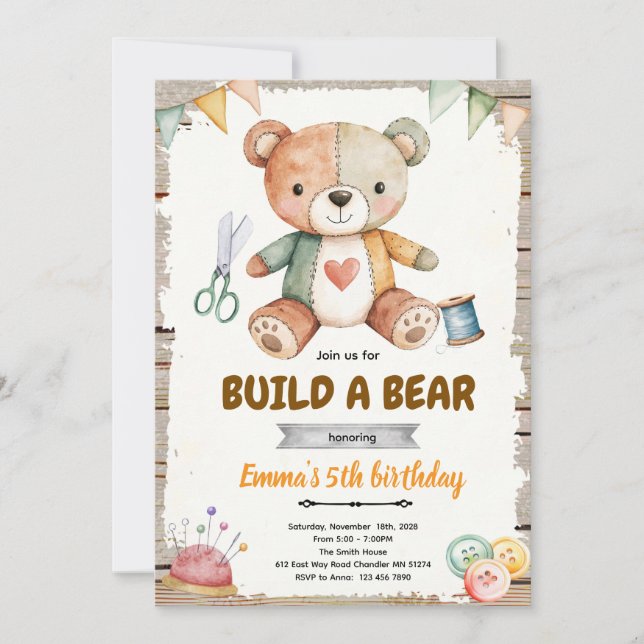 Convite para festa de aniversário Build-A-Stuffy (Frente)