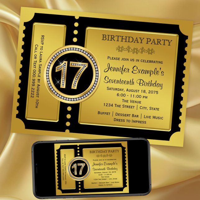 Convite para Festa de Aniversário de 17 Anos Golde (17th birthday party invitation. Available in digital download and printed invitations.)