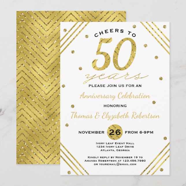 Convite para Festa de Aniversário de 50 Anos, Ouro (Frente/Verso)