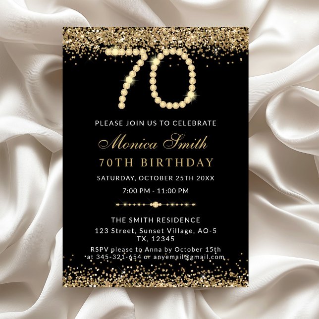 Convite para Festa de Aniversário de 70 anos Chic  (Gold Diamonds 70th Birthday Party Invitation)