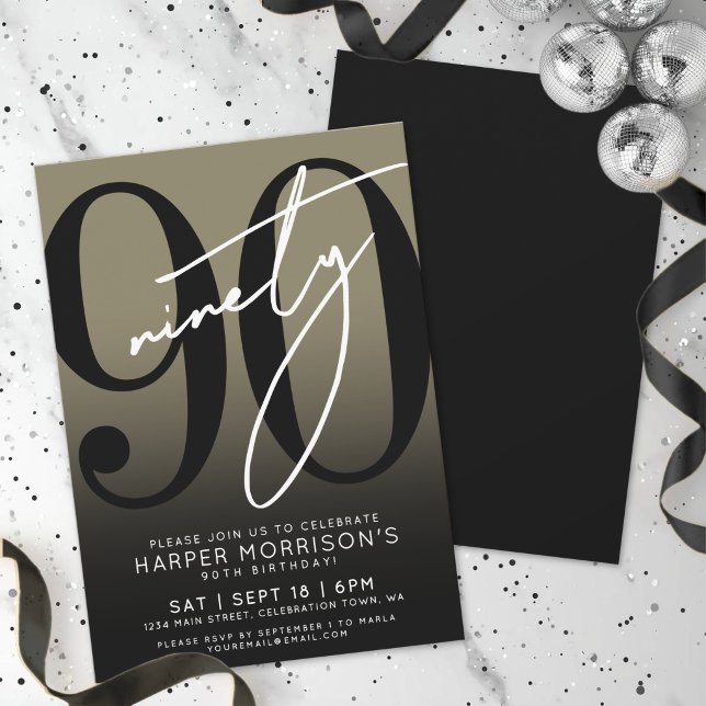 Convite para Festa de Aniversário de 90 Anos Moder (Modern Gold 90th Birthday Party Invitation)