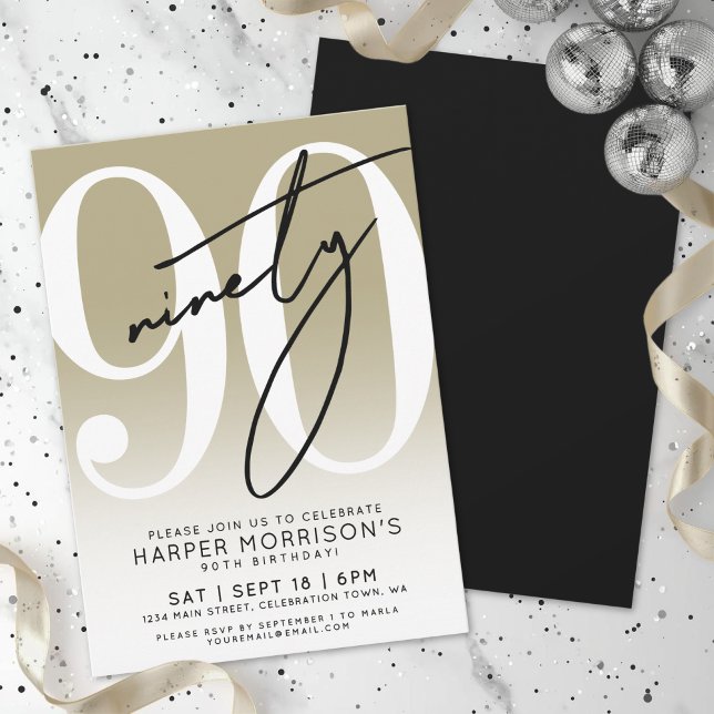Convite para Festa de Aniversário de 90 Anos Moder (Modern Gold 90th Birthday Party Invitation)