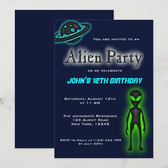 Convite para Festa de aniversário de Alienígena su (Frente/Verso)