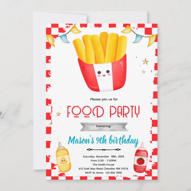 Convite para festa de aniversário de batata frita (Frente)