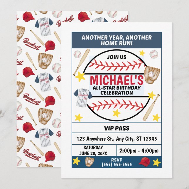 Convite para Festa de Aniversário de Beisebol (Frente/Verso)