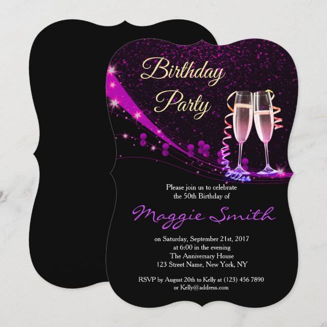 Convite para Festa de aniversário de Champanhe Rox (Frente/Verso)