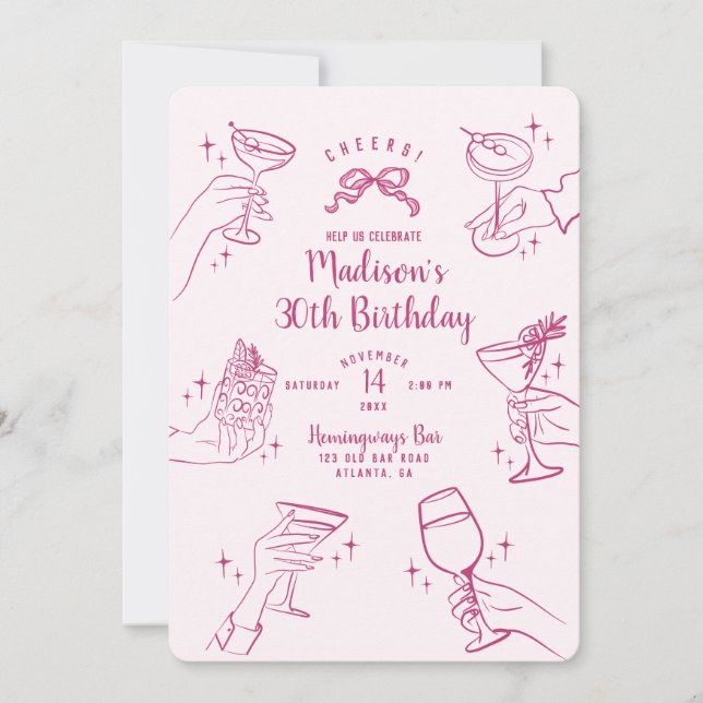 Convite para Festa de aniversário de Cocktail Rosa (Frente)