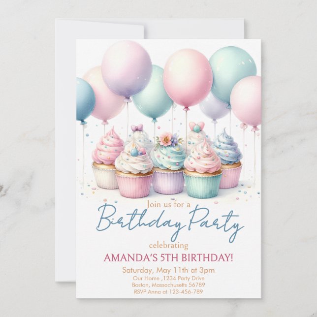 Convite para festa de aniversário de Cupcake (Frente)