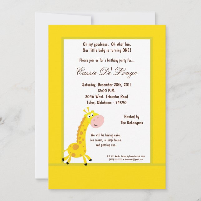 Convite para Festa de aniversário de Girafa Amarel (Frente)