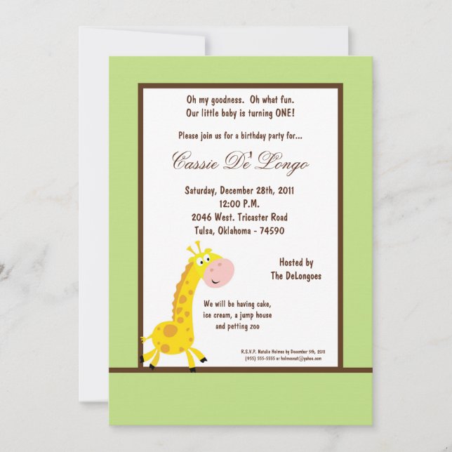 Convite para Festa de aniversário de Girafa Verde  (Frente)