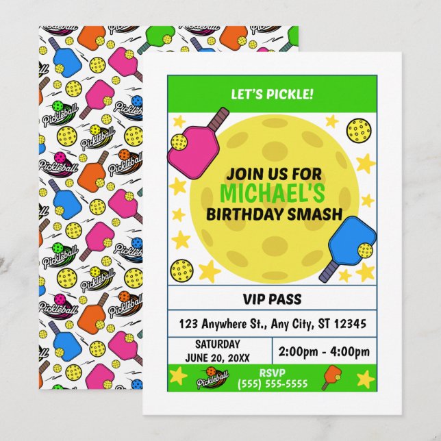 Convite para Festa de Aniversário de Pickleball (Frente/Verso)