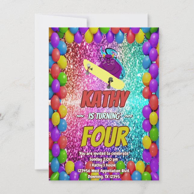 Convite para Festa de aniversário de skate de esqu (Frente)