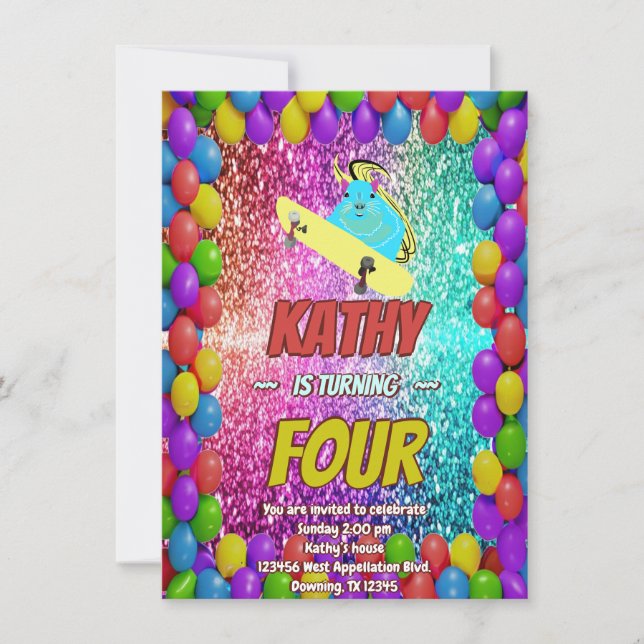 Convite para Festa de aniversário de skate de esqu (Frente)