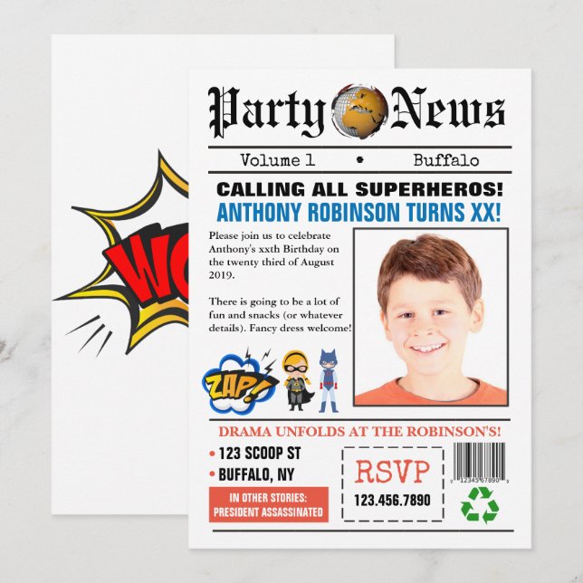 Convite para Festa de aniversário de Super Herói d (Frente/Verso)
