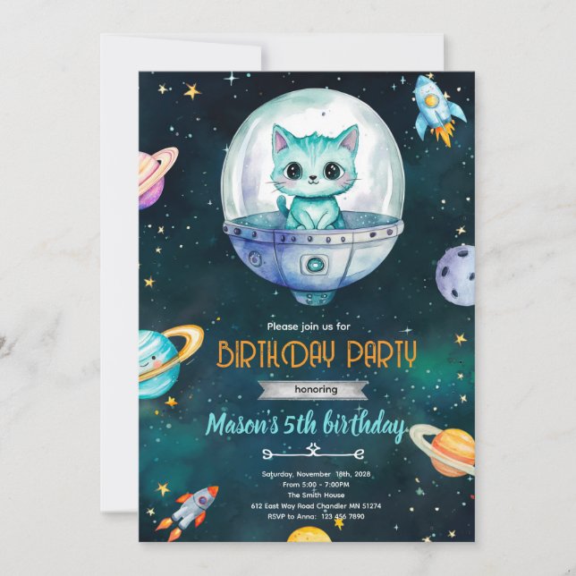 Convite para festa de aniversário do gatinho gato  (Frente)