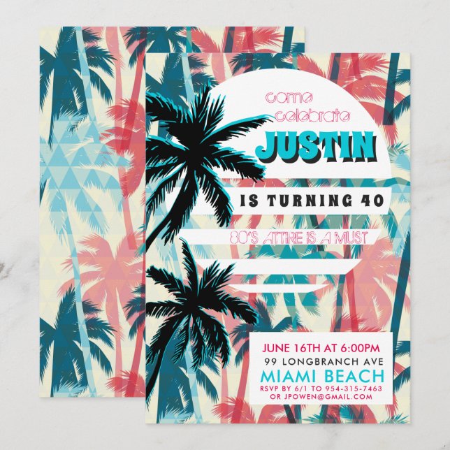 Convite para Festa de Aniversário em Miami nos Ano (Frente/Verso)
