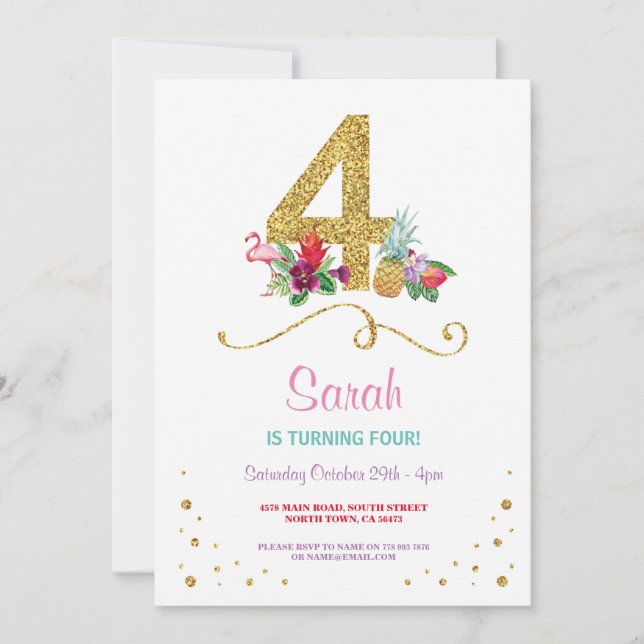 Convite para Festa de aniversário Flamingo Aloha 4 (Frente)