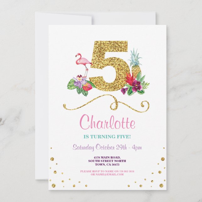 Convite para Festa de aniversário Flamingo Aloha Q (Frente)