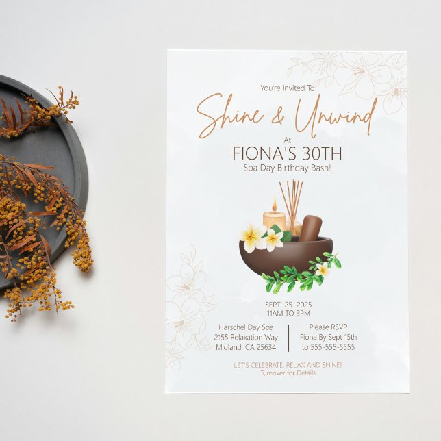 Convite para Festa de Aniversário no Spa Brilhe e  (Serene spa theme birthday invitation. It's time to Shine and Unwind!)