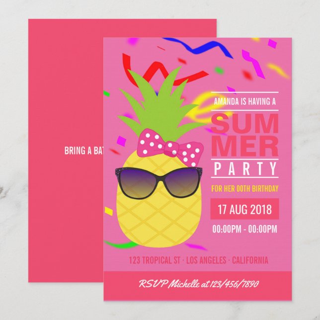 Convite para Festa de aniversário Tropical Summer  (Frente/Verso)