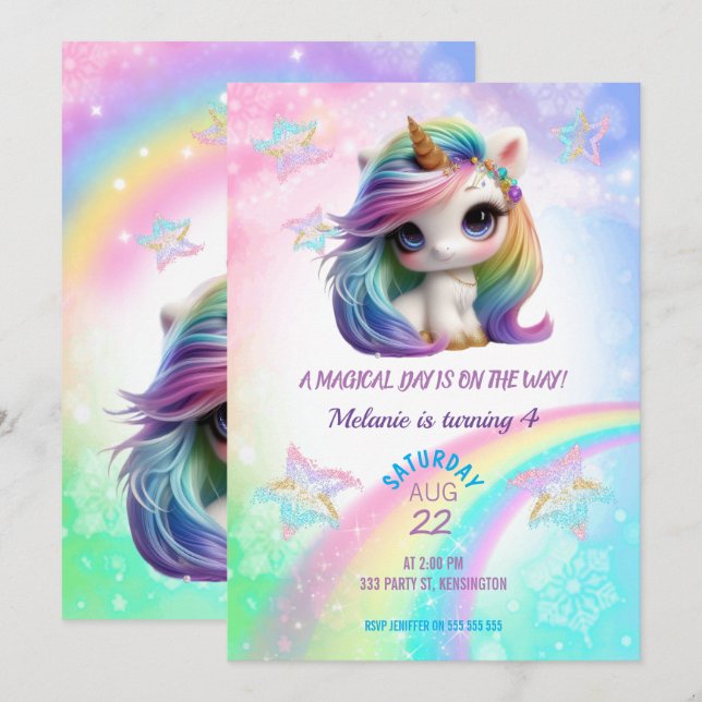Convite para Festa de aniversário Unicorn (Frente/Verso)