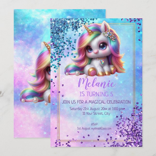 Convite para Festa de aniversário Unicorn (Frente/Verso)