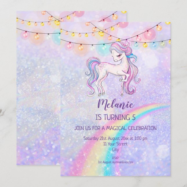 Convite para Festa de aniversário Unicorn (Frente/Verso)