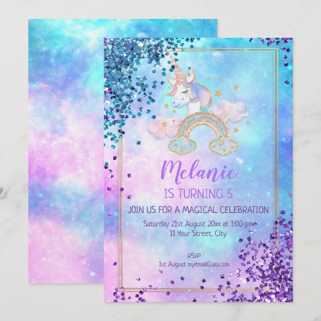 Convite para Festa de aniversário Unicorn (Frente/Verso)