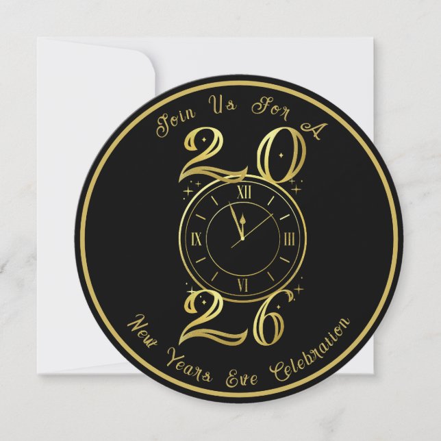 Convite para Festa de Ano Novo 2025 Black Gold (Frente)
