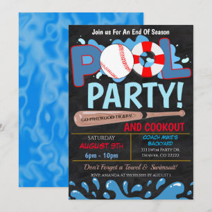 Convite para Festa de Baseball na Piscina de Verão