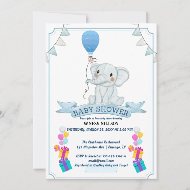 Convite para Festa de Bebê Balão de Elefante (Frente)