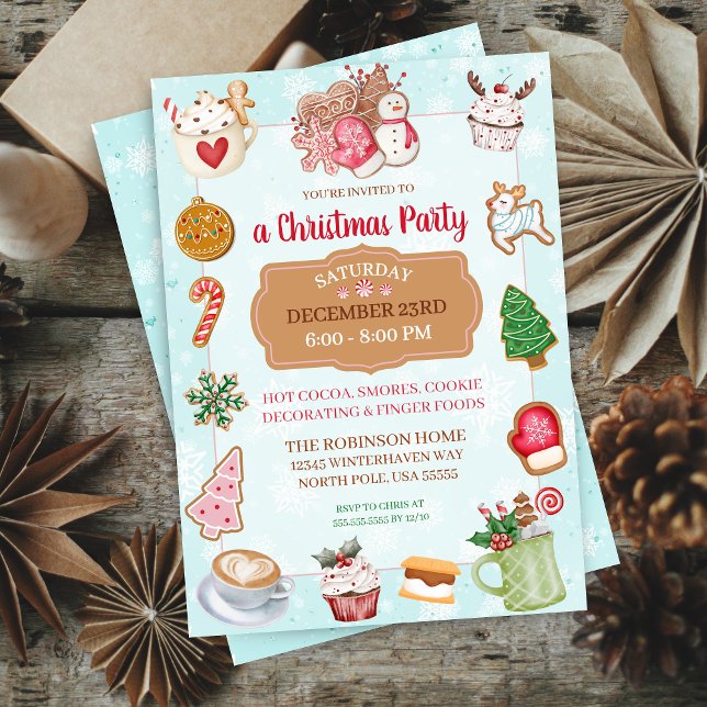 Convite para Festa de Biscoitos de Natal com Choco (Cute mint green aqua and pink theme christmas party invitation for cookie decorating smores holiday)