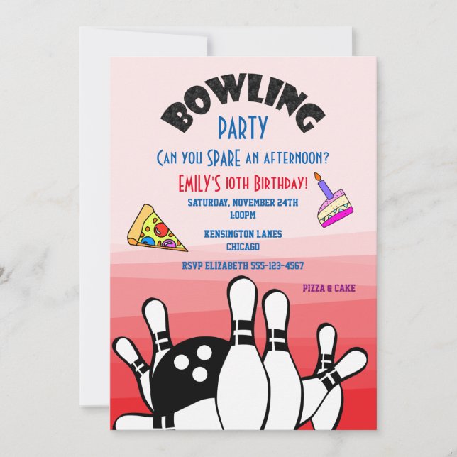 Convite para Festa de Bowling Bola e Pinos Pizza e (Frente)