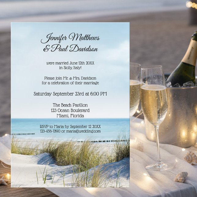 Convite para Festa de casamento de Dunas e Posto d (After wedding party invitation featuring an image of dunes overlooking a beach)