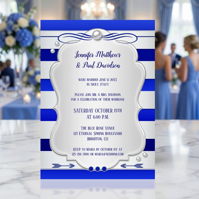 Convite para Festa de casamento de Posto com distr (Post wedding party invitation featuring a silver with navy and royal blue stripe with tiny pearls)