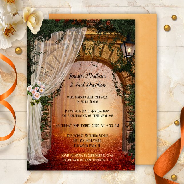 Convite para Festa de casamento de Posto Florestal (After wedding party invitation featuring a gate leading to a mystical light in the enchanted forest)