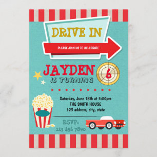 Convite para festa de cinema com tema drive-in