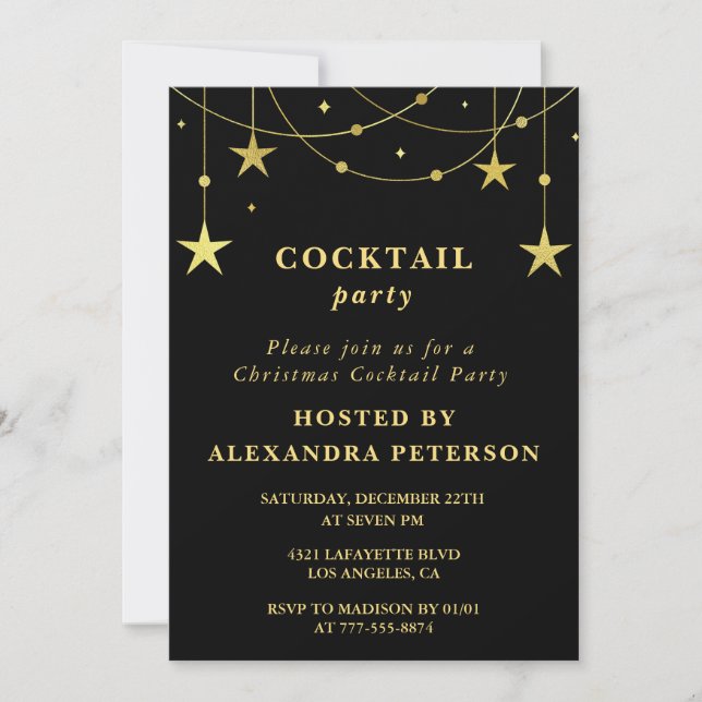 Convite para Festa de Cocktail de Natal Negro Estr (Frente)