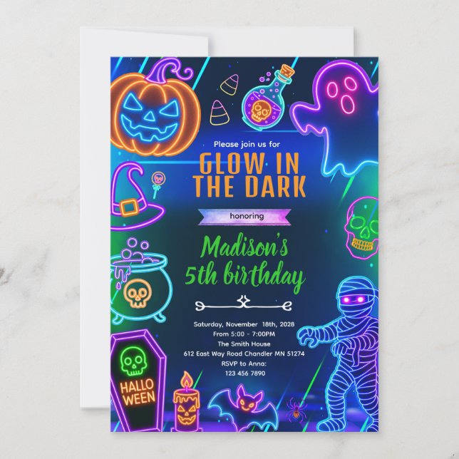 convite para festa de dança de halloween neon (Frente)