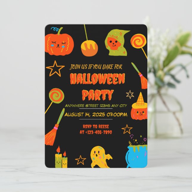 Convite para Festa de Dia das Bruxas de Neon Spook (Em pé/Frente)