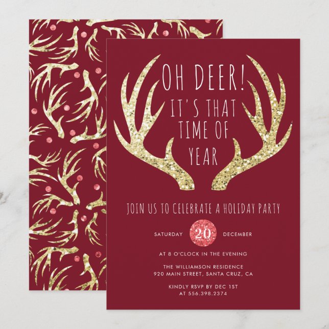 Convite para Festa de Férias de Natal Deer Antlers (Frente/Verso)